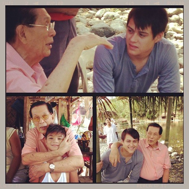 EPISODE ONE. Senate President Juan Ponce Enrile poses with the actors who starred in part one of an MMK episode on his life: Enrique Gil and Bugoy Cariño. Photo from Jack Enrile’s Facebook page 
